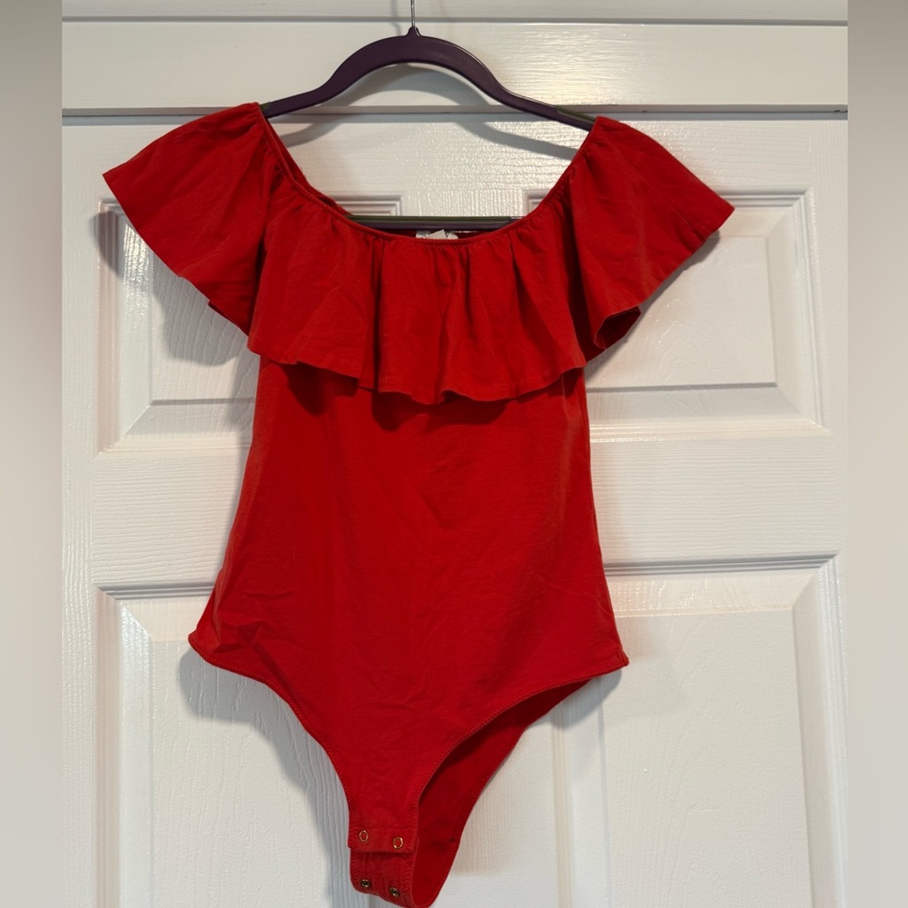 J Crew Off The Shoulder Ruffled Red Bodysuit